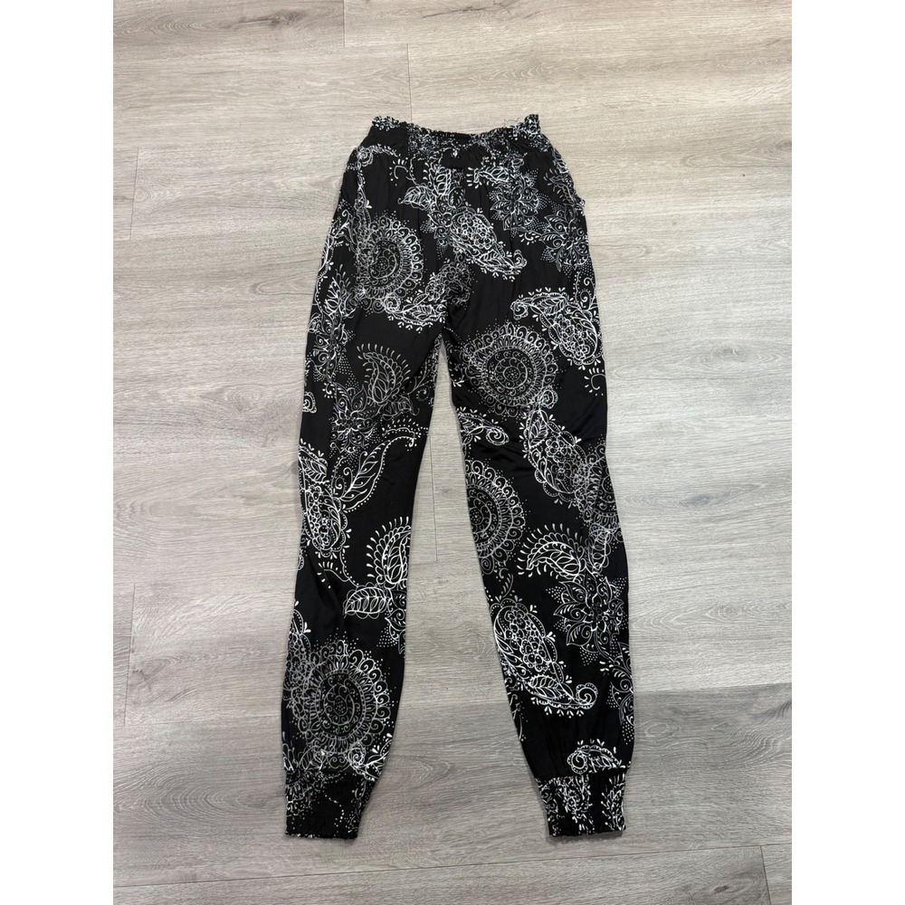 LASCANA Black White Paisley Print Jogger Pants Sz 4 Boho Lounge Comfy Y2K Resort - Picture 3 of 8